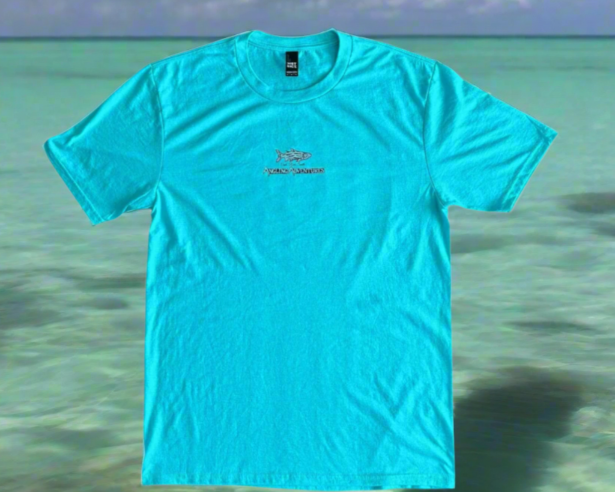 Turquoise t-shirt with a brand logo on a clear water background