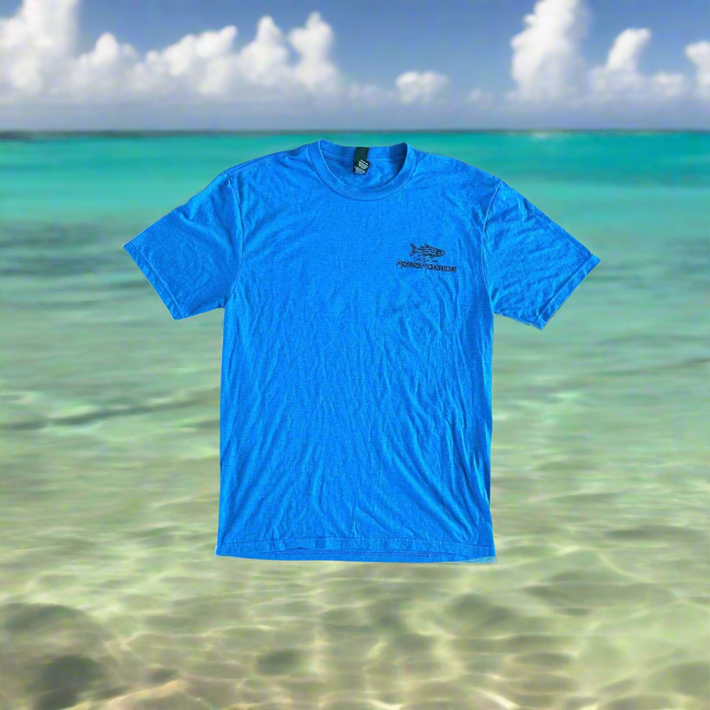 Blue t-shirt with a logo on a white background